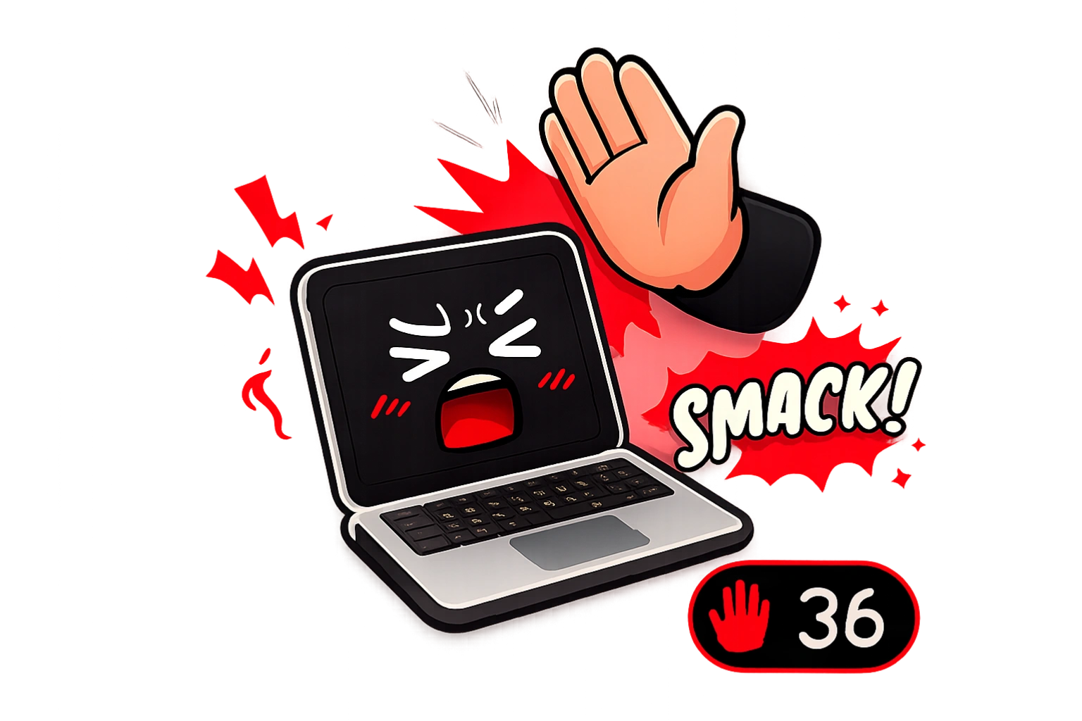 Smack Mac app icon: a cartoon laptop getting smacked with comic-book impact bursts. Click to hear a sound!
